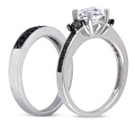 Sterling Silver Created White Sapphire and 2/ 5ct TDW Black Diamond Bridal Ring Set - Handcrafted By Name My Rings™