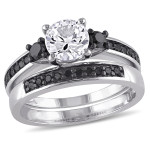 Sterling Silver Created White Sapphire and 2/ 5ct TDW Black Diamond Bridal Ring Set - Handcrafted By Name My Rings™
