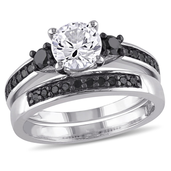 Sterling Silver Created White Sapphire and 2/ 5ct TDW Black Diamond Bridal Ring Set - Handcrafted By Name My Rings™