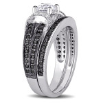 Sterling Silver Created White Sapphire and 2/5ct TDW Black and White Diamond Bridal Ring Set - Handcrafted By Name My Rings™ Sterling Silver Created White Sapphire and 2/5ct TDW Black and White Diamond Bridal Ring Set - Handcrafted By Name My Rings™