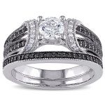 Sterling Silver Created White Sapphire and 2/5ct TDW Black and White Diamond Bridal Ring Set - Handcrafted By Name My Rings™ Sterling Silver Created White Sapphire and 2/5ct TDW Black and White Diamond Bridal Ring Set - Handcrafted By Name My Rings™