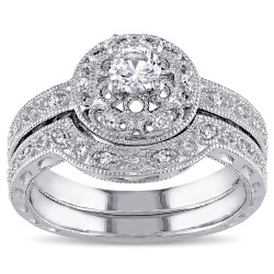 Sterling Silver Created-white-sapphire and 1/10ct TDW Diamond Bridal Ring Set - Handcrafted By Name My Rings™