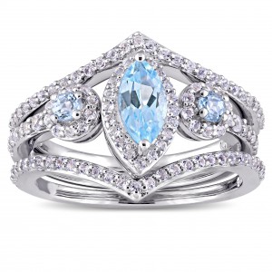 Sterling Silver Marquise-Cut Sky-Blue Topaz and White Topaz Three-Piece Ring Set - Handcrafted By Name My Rings™