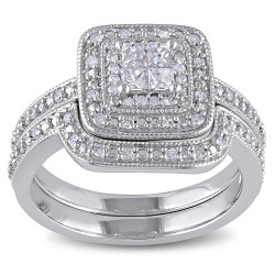 Sterling Silver Princess-cut Quad 1/3ct TDW Diamond Double Halo Bridal Ring Set - Handcrafted By Name My Rings™