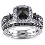 Sterling Silver with Black Rhodium 1 1/2ct TDW Black and White Multi-shape Diamond Split Shank Bridal Ring Set - Handcrafted By Name My Rings™