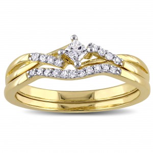Yellow Plated Sterling Silver 1/5ct TDW Princess-cut Diamond Bypass Bridal Ring Set - Handcrafted By Name My Rings™