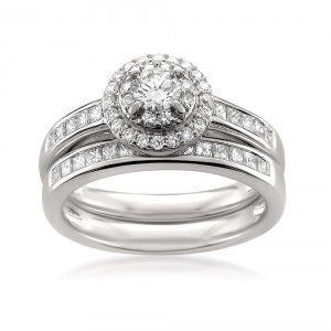 White Gold 1ct TDW White Diamond Halo Engagement and Wedding Ring Bridal Set - Handcrafted By Name My Rings™