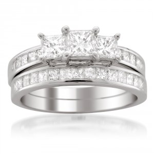 Jewelry Platinum 2ct TDW Three-Stone White Diamond Engagement Ring Wedding Bridal Set - Handcrafted By Name My Rings™