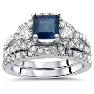 1 1/2 TGW Princess Cut Blue Sapphire Diamond Engagement Ring Set White Gold - Handcrafted By Name My Rings™