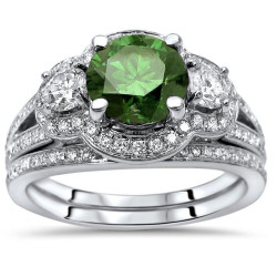 1 1/2ct Green Round Diamond 3 Stone Engagement Ring Bridal Set White Gold - Handcrafted By Name My Rings™