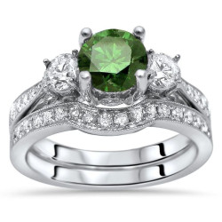 1 1/2ct Green Round Diamond 3 Stone Engagement Ring Bridal Set White Gold - Handcrafted By Name My Rings™