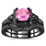 1 1/3 TGW Cushion Cut Pink Sapphire Black Diamond Engagement Ring Set - Handcrafted By Name My Rings™