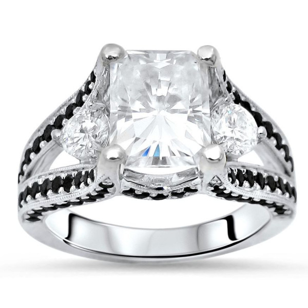 14-karat White Gold Moissanite Black Diamond Three Stone Engagement Ring - Handcrafted By Name My Rings™