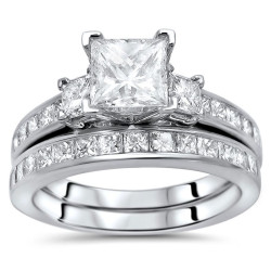 Gold 2 1/4ct Princess Cut Diamond Enhanced Three Stone Engagement Ring Set - Handcrafted By Name My Rings™
