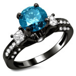 Black Gold 1 1/2ct 3-stone Blue and White Round Princess Cut Diamond Engagement Ring - Handcrafted By Name My Rings™