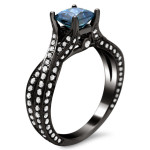 Black Gold 1 1/2ct TDW Blue Princess Cut and Round White Diamond Engagement Ring - Handcrafted By Name My Rings™