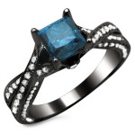 Black Gold 1 1/2ct TDW Blue Princess Cut and Round White Diamond Engagement Ring - Handcrafted By Name My Rings™