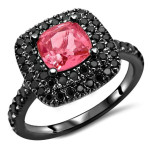 Black Gold 1 3/5ct TGW Pink Cushion-Cut Sapphire Black Diamond Halo Engagement Ring - Handcrafted By Name My Rings™