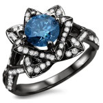 Black Gold 1 3/5ctw Blue Round Diamond Lotus Flower Engagement Ring - Handcrafted By Name My Rings™