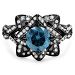 Black Gold 1 3/5ctw Blue Round Diamond Lotus Flower Engagement Ring - Handcrafted By Name My Rings™