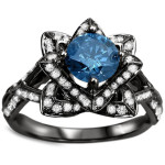 Black Gold 1 3/5ctw Blue Round Diamond Lotus Flower Engagement Ring - Handcrafted By Name My Rings™