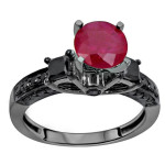 Black Gold 1ct TGW Red Ruby and 3/4ct TDW Black Diamond Engagement Ring - Handcrafted By Name My Rings™