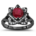 Black Gold 1ct TGW Ruby Lotus Flower and 2/5ct TDW Diamond Engagement Ring - Handcrafted By Name My Rings™