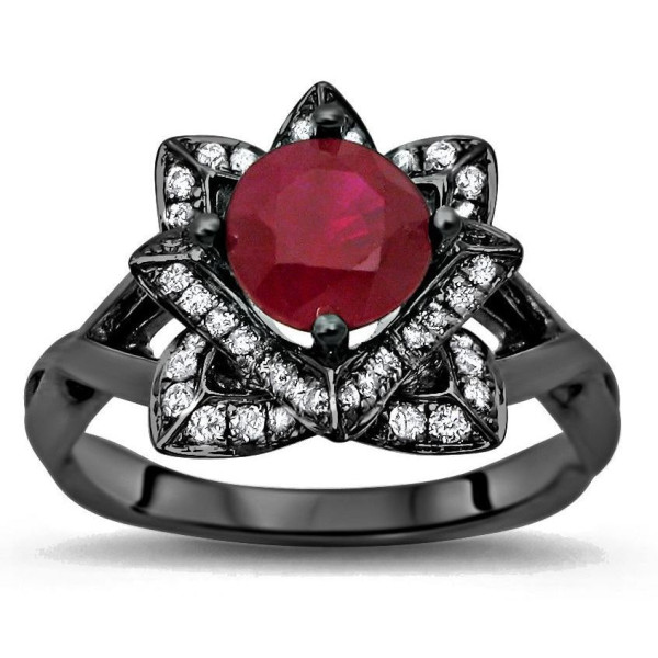 Black Gold 1ct TGW Ruby Lotus Flower and 2/5ct TDW Diamond Engagement Ring - Handcrafted By Name My Rings™