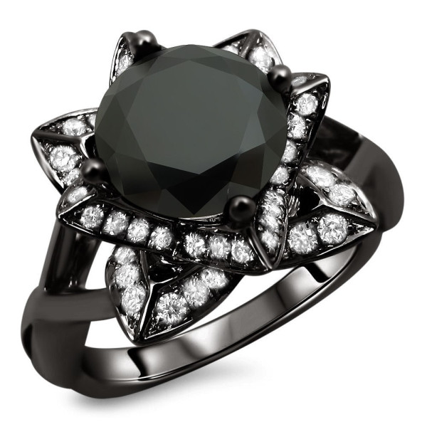 Black Gold 2 1/2ct TDW Black Lotus Flower Diamond Ring - Handcrafted By Name My Rings™