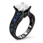 Black Gold 2-4/5-carat TGW Princess Moissanite Blue Sapphire Black Diamond Engagement Ring - Handcrafted By Name My Rings™