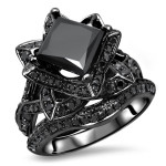 Black Gold 3 1/10ct TDW Black Princess-cut Diamond Lotus Flower Engagement Set - Handcrafted By Name My Rings™