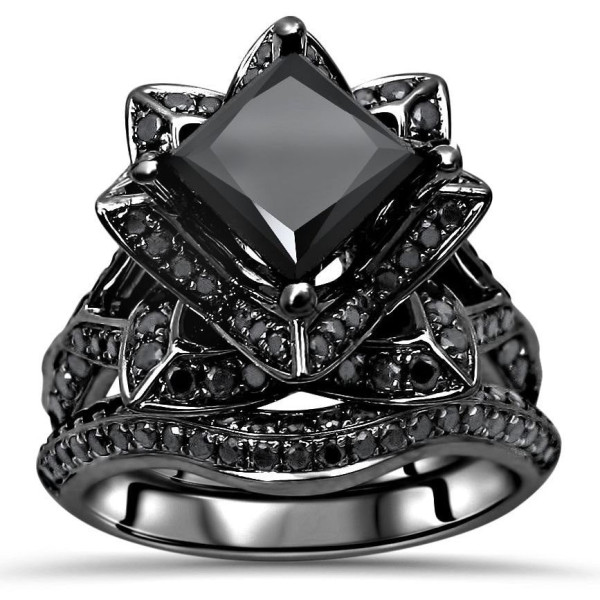 Black Gold 3 1/10ct TDW Black Princess-cut Diamond Lotus Flower Engagement Set - Handcrafted By Name My Rings™