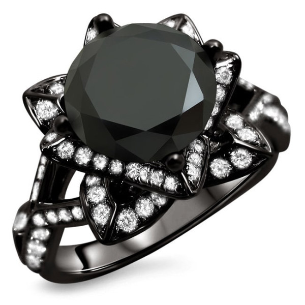 Black Gold 3 1/10ct TDW Round Black Diamond Lotus Ring - Handcrafted By Name My Rings™