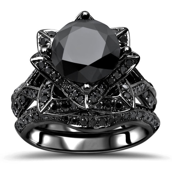 Black Gold 3 1/2ct TDW Black Diamond Lotus Flower Engagement Ring Set - Handcrafted By Name My Rings™