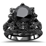 Black Gold 3 1/2ct TDW Black Diamond Lotus Flower Engagement Ring Set - Handcrafted By Name My Rings™