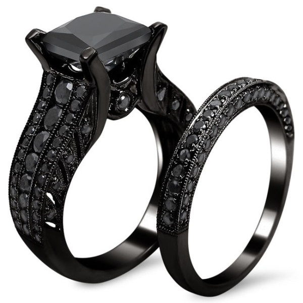 Black Gold 3 7/8ct TDW Princess-cut Black Diamond Bridal Set - Handcrafted By Name My Rings™