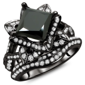 Black Gold 3 ct TDW Black Princess Cut Lotus Flower 2-piece Diamond Ring Set - Handcrafted By Name My Rings™