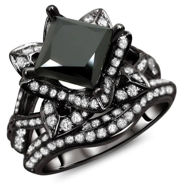 Black Gold 3 ct TDW Black Princess Cut Lotus Flower 2-piece Diamond Ring Set - Handcrafted By Name My Rings™