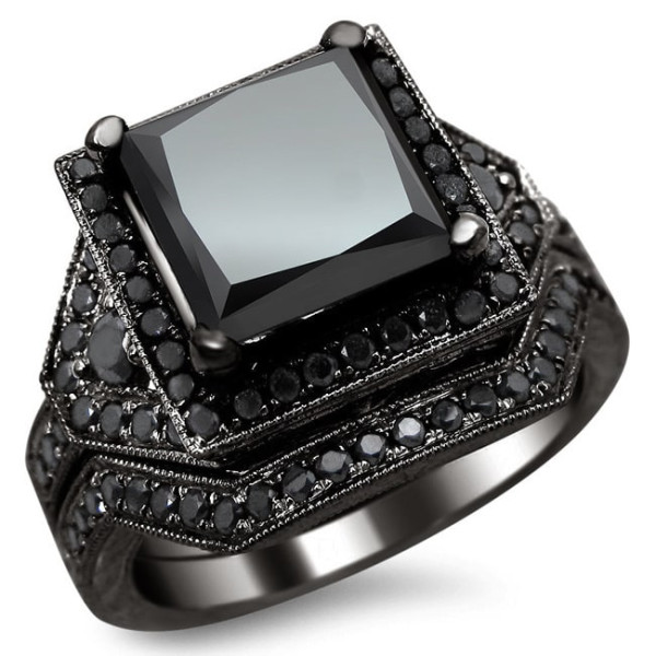 Black Gold 4 1/4ct Princess-cut Black Diamond Engagement Ring Bridal Set - Handcrafted By Name My Rings™