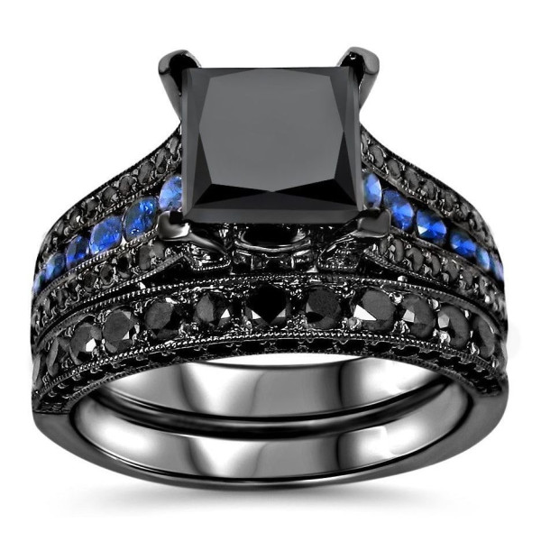 Black Gold 4 1/4ct TDW Black Diamond and Blue Sapphire Bridal Ring Set - Handcrafted By Name My Rings™