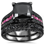 Black Gold 4 2/5ct TDW Black Diamond Pink Sapphire Engagement Ring Set - Handcrafted By Name My Rings™