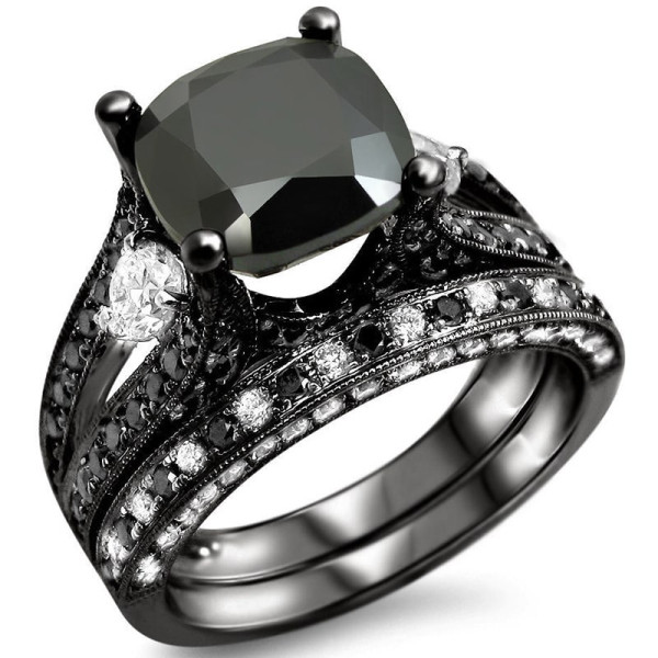 Black Gold 4 2/5ctw Black Cushion-cut Diamond Bridal Ring Set - Handcrafted By Name My Rings™