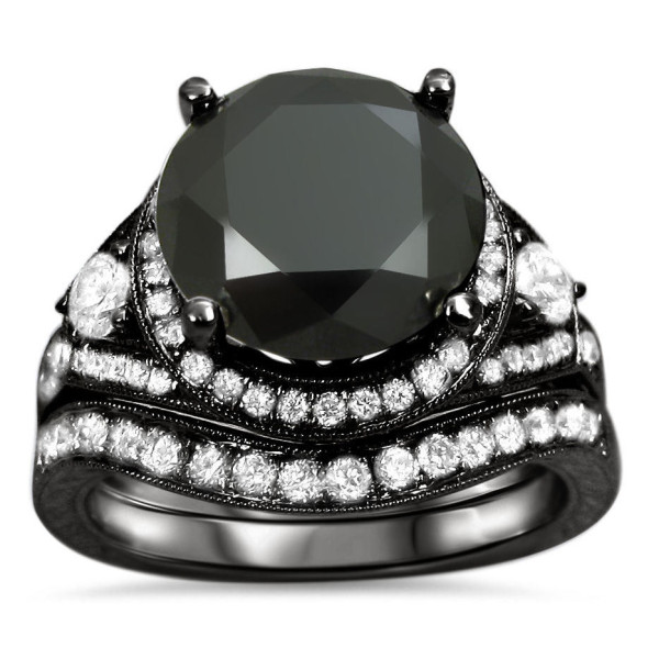 Black Gold 5ct Black Round Diamond Engagement Bridal Ring Set - Handcrafted By Name My Rings™