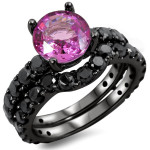 Black Gold Pink Sapphire and 2 1/6 TDW Black Diamond Bridal Ring Set - Handcrafted By Name My Rings™