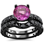 Black Gold Pink Sapphire and 2 1/6 TDW Black Diamond Bridal Ring Set - Handcrafted By Name My Rings™