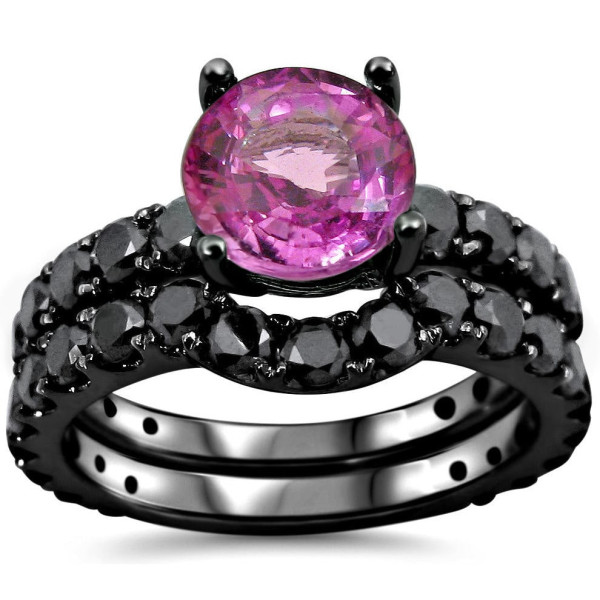 Black Gold Pink Sapphire and 2 1/6 TDW Black Diamond Bridal Ring Set - Handcrafted By Name My Rings™