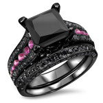 Black Rhodium Gold 3 4/5ctw Black Diamond Pink Sapphire Bridal Set - Handcrafted By Name My Rings™