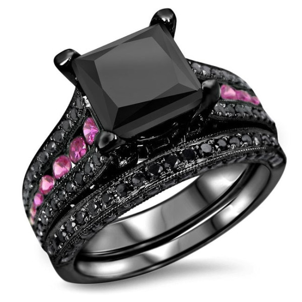Black Rhodium Gold 3 4/5ctw Black Diamond Pink Sapphire Bridal Set - Handcrafted By Name My Rings™