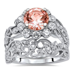 Gold 1 5/6 TGW Morganite Flower Floral Diamond Engagement Ring Bridal Set - Handcrafted By Name My Rings™