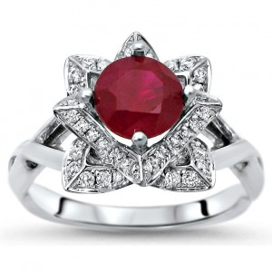 Gold 1ct TGW Round Ruby Lotus Flower and 2/5ct TDW Diamond Engagement Ring - Handcrafted By Name My Rings™